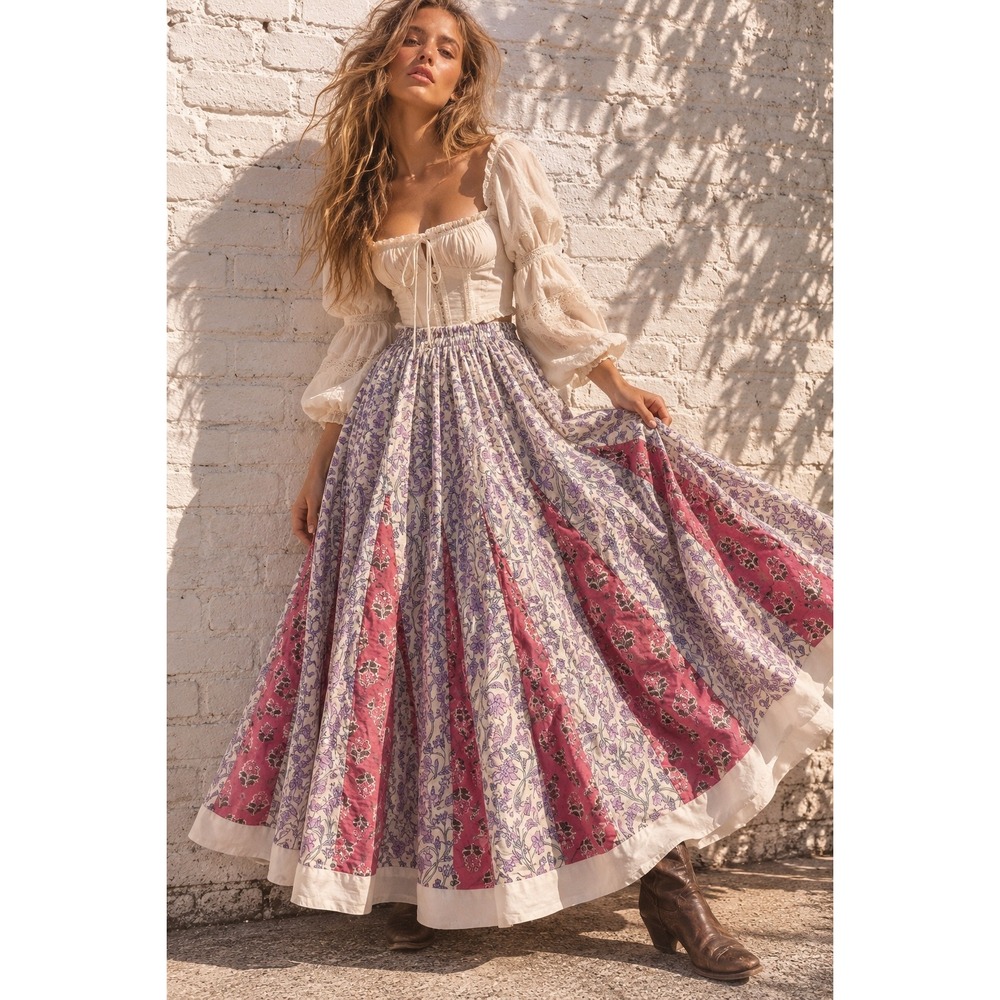 Vintage Pink Purple Cotton Floral Godet Maxi Skirt Full Sweep Ren Faire Boho XL